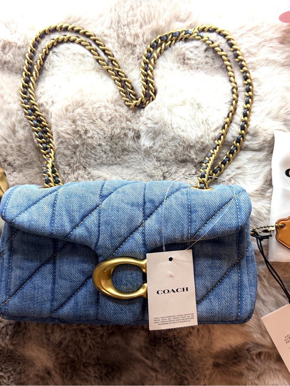 Coach Quilted Denim Shoulder Bag with Gold Chain